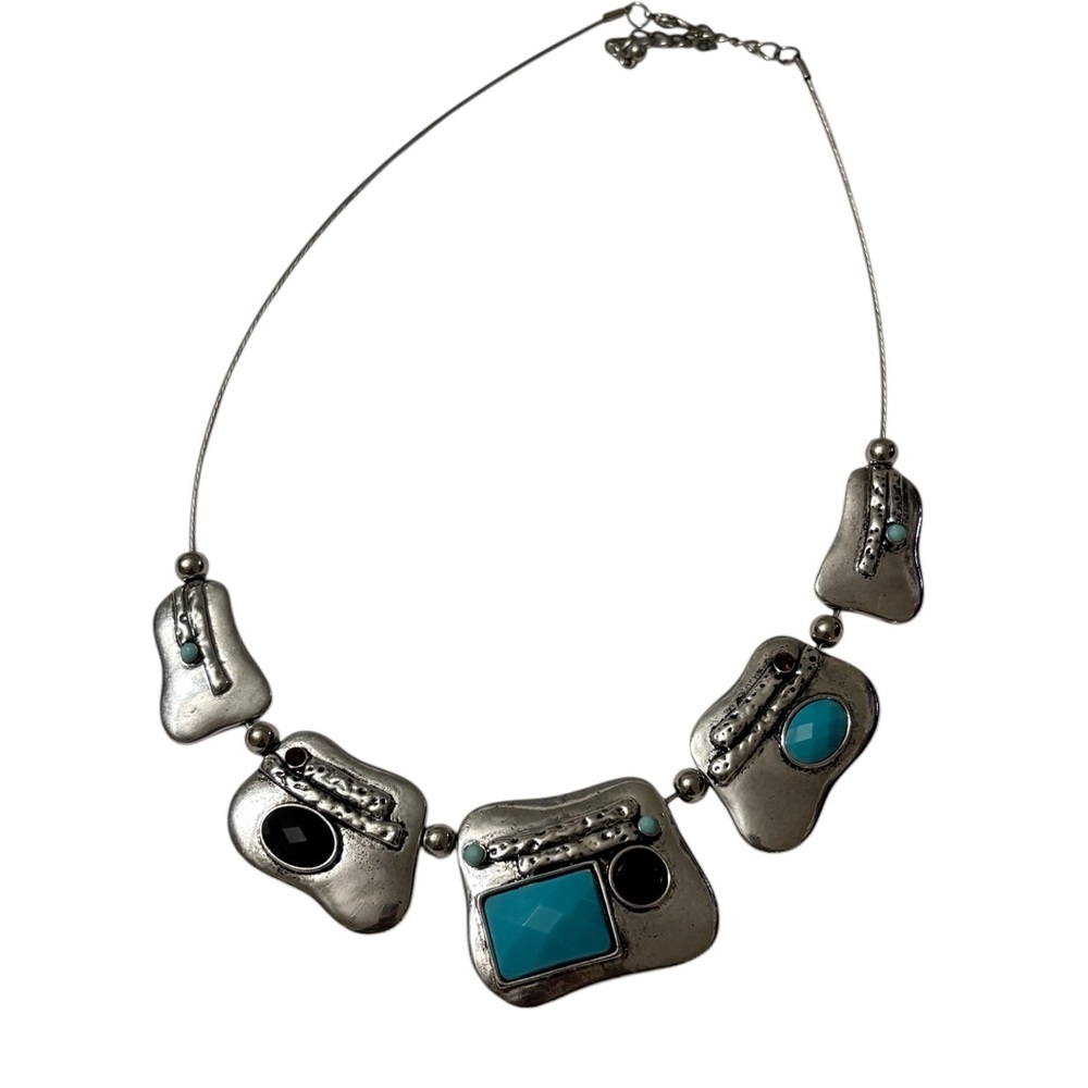 Silver-Tone Necklace with Turquoise and Black Stones - Women Jewelry